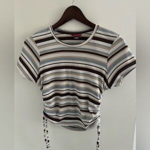 Guess Striped Ruched Top XL Brown Blue Cropped Y2K